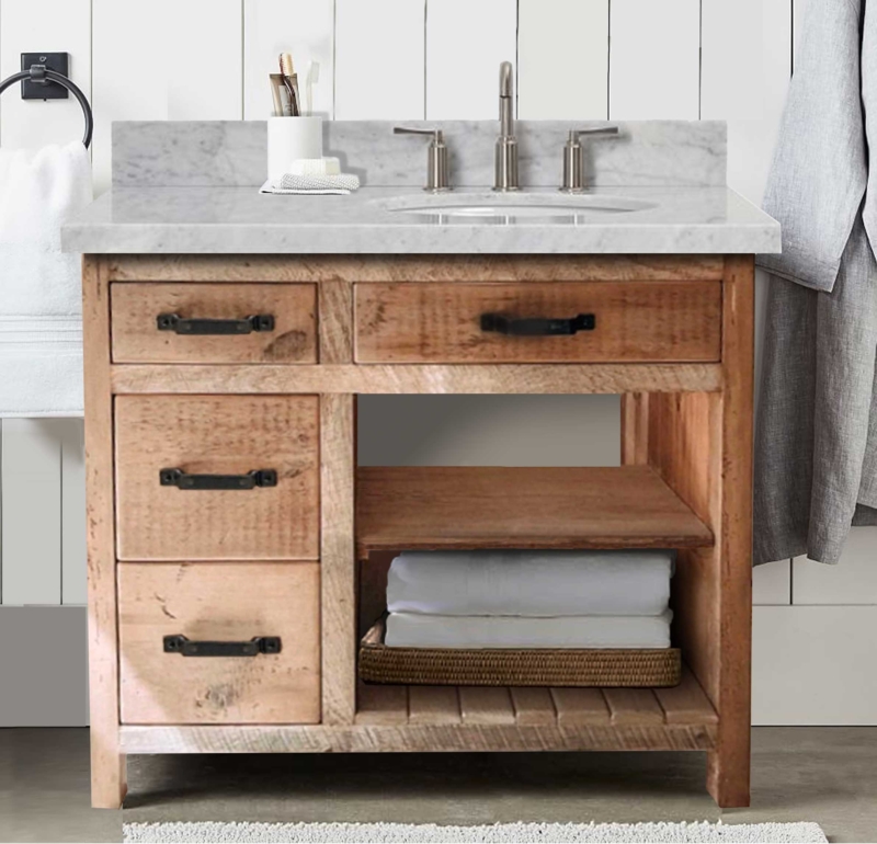 Bathroom Vanity Reclaimed Pine Offset Design with Marble Top & Drawers