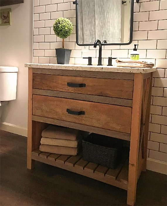 Bathroom Vanity Reclaimed Pine X-Brace with Slatted Bottom Shelf