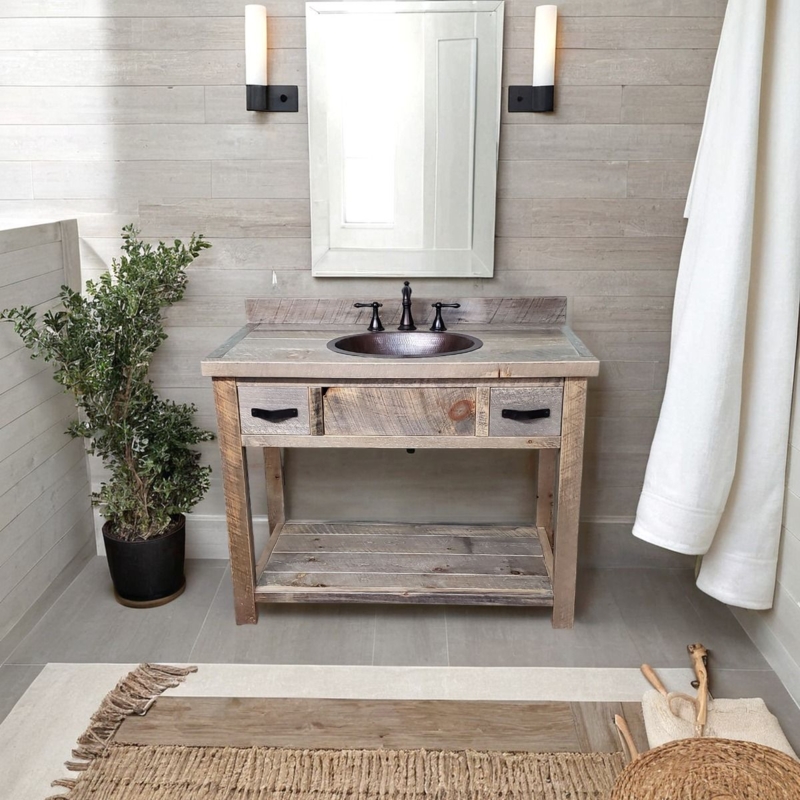Bathroom Vanity Rough Sawn Wood with Open Shelf & Hammered Sink