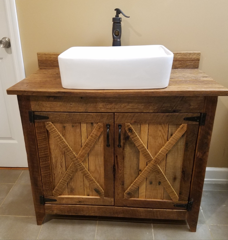 Bathroom Vanity Rustic Barn Wood Cabinet with X-Brace and Vessel Sink