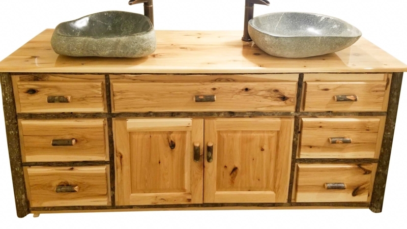 Bathroom Vanity Rustic Double with Bark Edge Trim & Stone Vessel Sinks