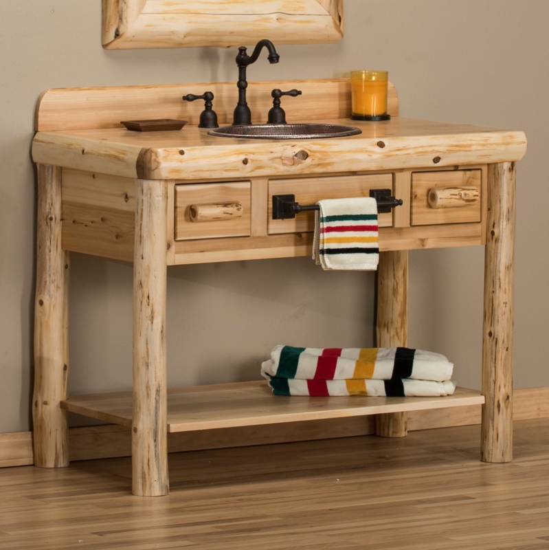 Bathroom Vanity Rustic Log with Integrated Towel Rack & Open Shelf