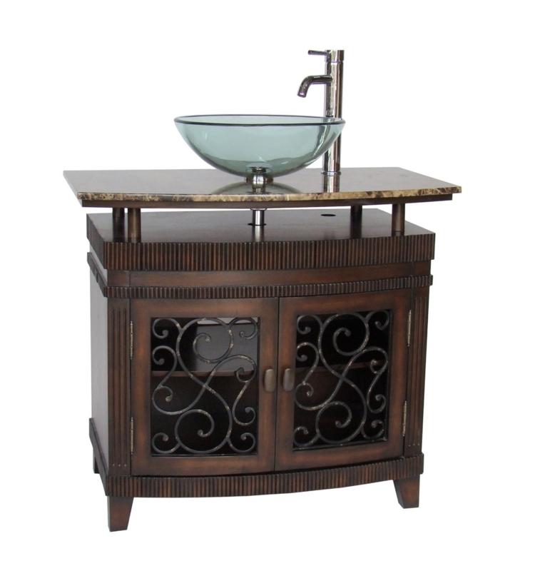 Bathroom Vanity Scrollwork Doors Elevated Countertop Mahogany Stain