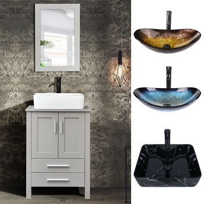 Bathroom Vanity Set Grey Shaker Cabinet Matching Mirror Two Drawers