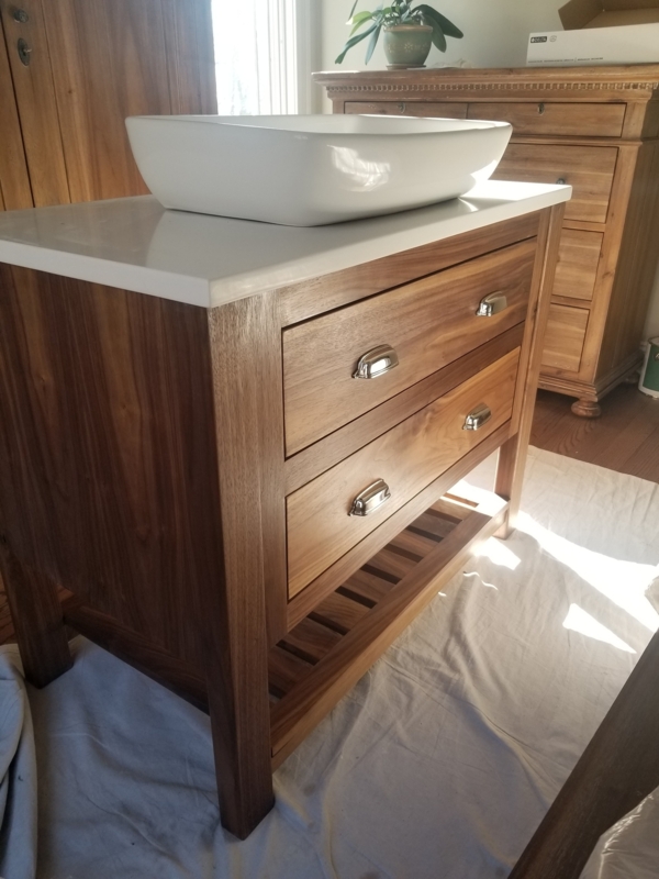 Bathroom Vanity Slatted Shelf Walnut Brown Cup Pulls Farmhouse Style