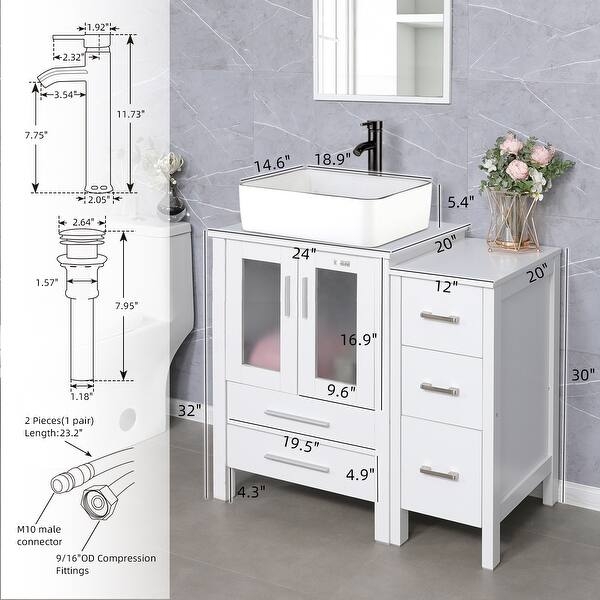 Bathroom Vanity Tiered Height Side Cabinet Storage Frosted Glass White
