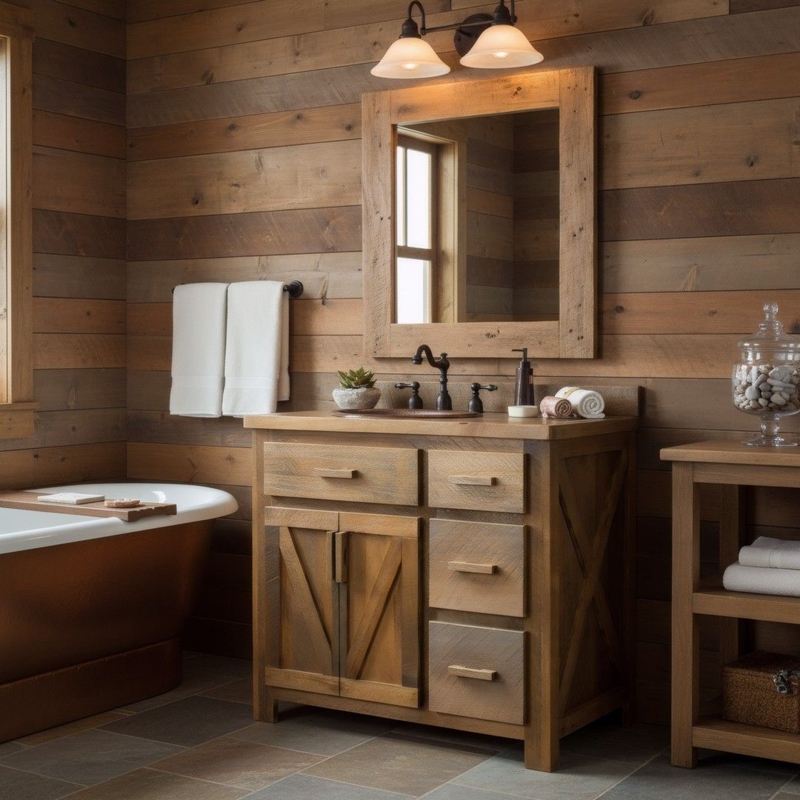 Bathroom Vanity Weathered Wood Barn Door Cabinet with X-Brace Detail