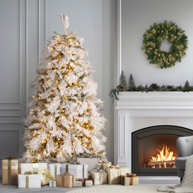 Bavarian Pine Flocked Christmas Tree with Wispy Topper