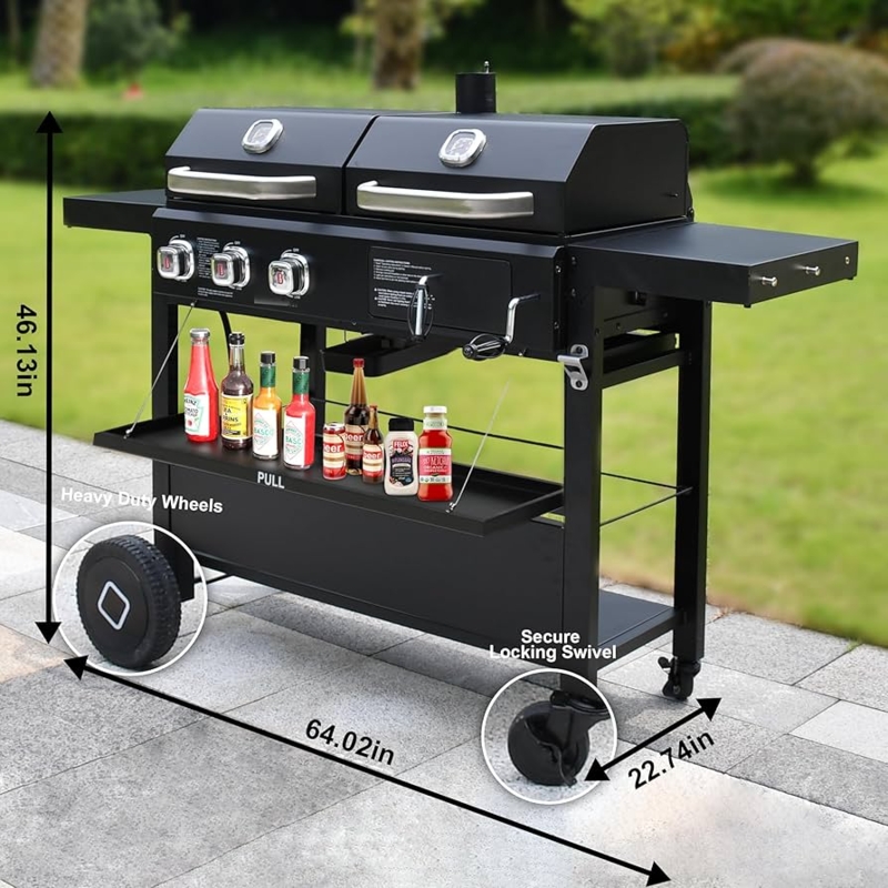 BBQ Grill Dual Hoods Pull Down Tray Matte Black Griddle Station