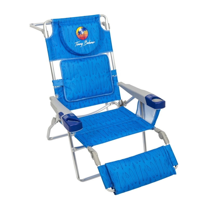 Beach Chair: Folding Footrest, Surfboard Print, Azure Blue Fabric