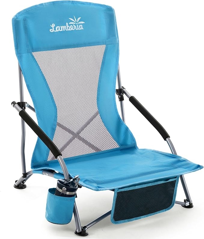Beach Chair with Cyan Blue Mesh Back and Side Storage Pocket