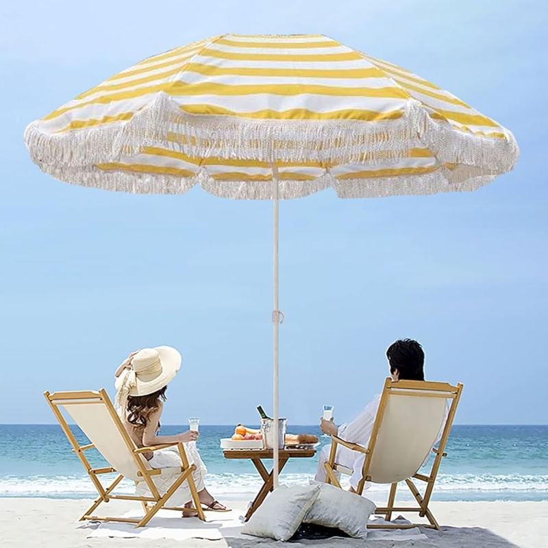 Beach Umbrella Fringed Trim Yellow Striped Canopy Wood Toned Frame Boho