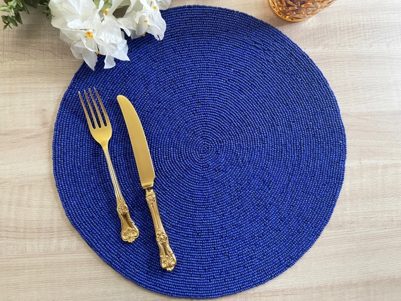 Beaded Placemat Navy Blue Concentric Pattern Round Handcrafted