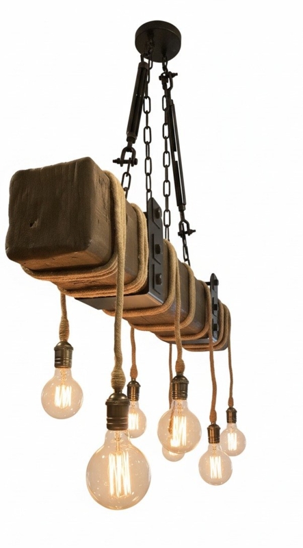 Beam Chandelier, Rope Wrapped Cords, Turnbuckle Hardware, 8-Light.