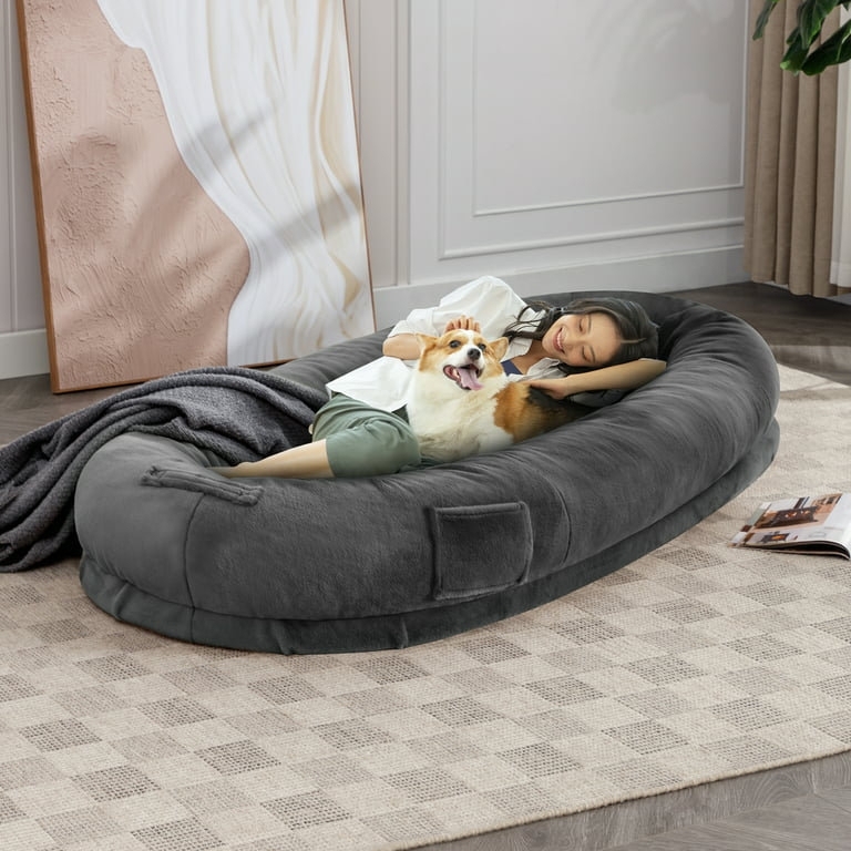 Bean Bag Bed Charcoal Grey Plush Texture Human Sized