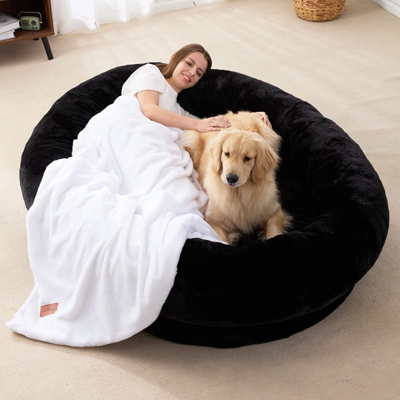 Bean Bag Bed Matte Black Faux Fur Bolstered Rim