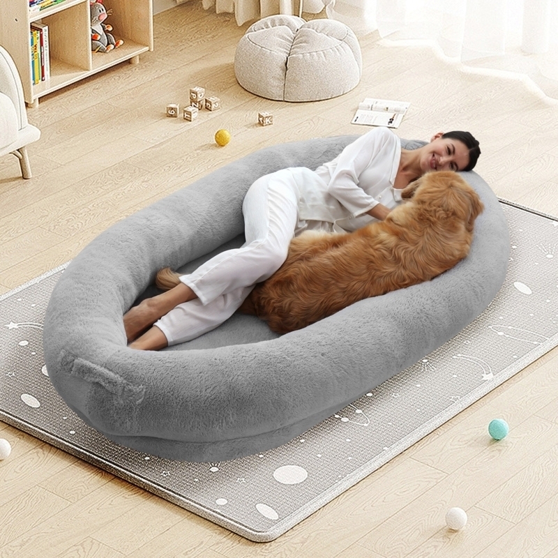 Bean Bag Bed Soft Grey Plush Fabric Human Sized Bolster