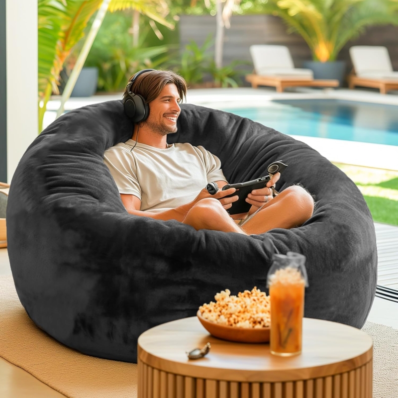 Bean Bag Chair Deep Recessed Seat Plush Fabric Black Oversized Lounge