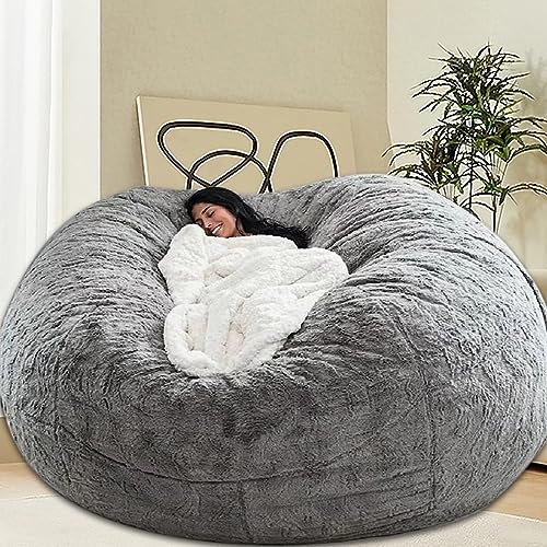 Bean Bag Chair Plush Faux Fur Charcoal Grey Oversized Shaggy Seat
