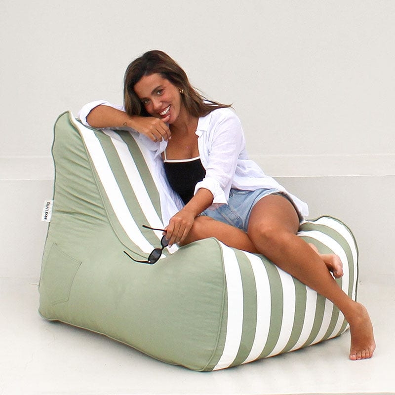 Bean Bag Chair Side Pocket Welted Seams Sage Stripes Outdoor Lounger