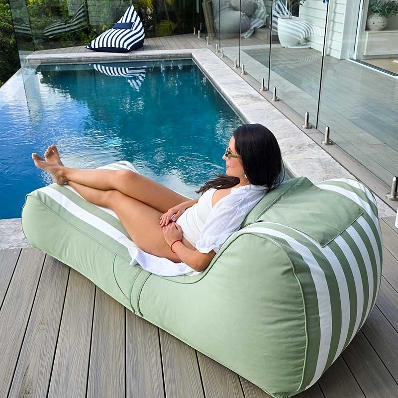 Bean Bag Lounger Striped Pattern Sage Green Poolside Seating