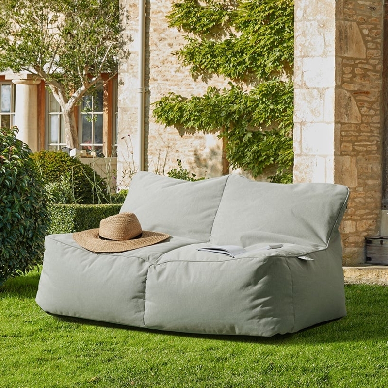 Bean Bag Sofa Two Seater Light Grey Low Profile Piped Seams Garden