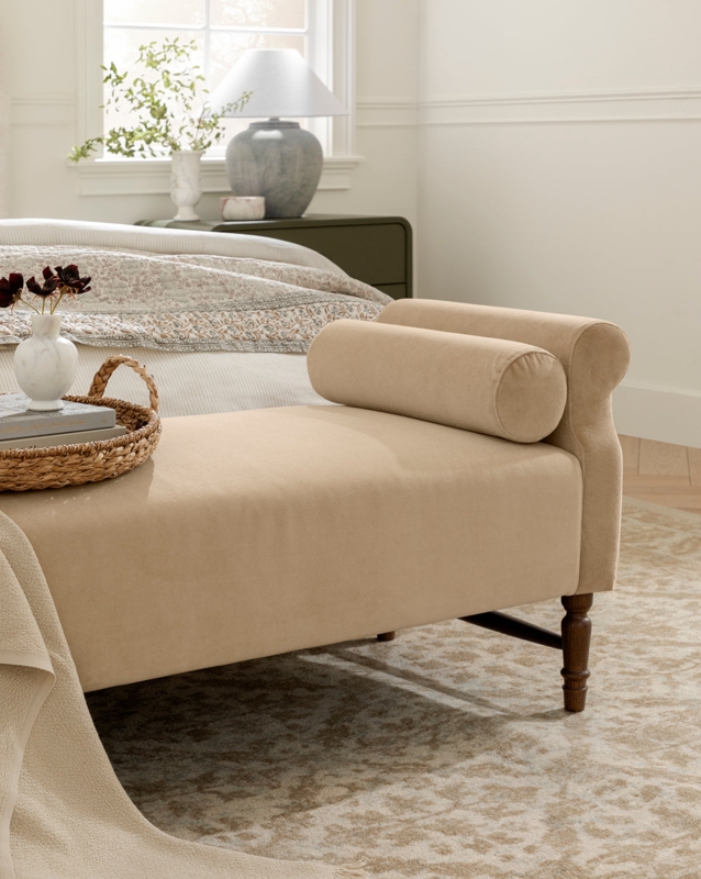 Bed Bench Warm Beige Rolled Arms with Bolster Pillow Turned Legs