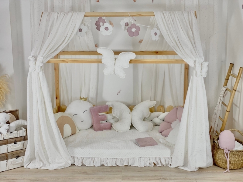 Bed Canopy in Off-White Muslin Fabric with Golden Dot Pattern