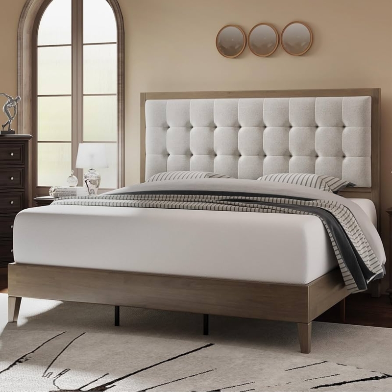Bed Frame Ash Gray Finish Biscuit Tufted Tall Headboard