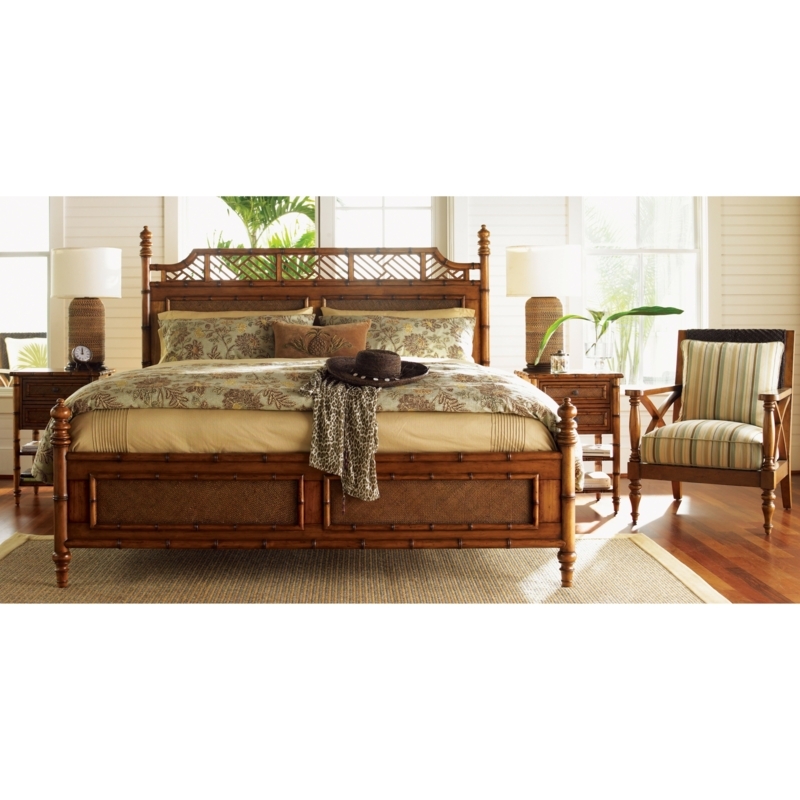 Bed Frame: Faux Bamboo Carving, Rattan Cane Panels, Tropical Style