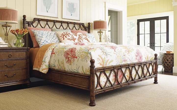 Bed Frame: Rattan Lattice Headboard, Turned Posts, Tropical Style