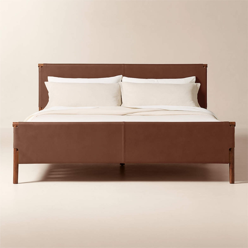 Bed Frame Saddle Brown Leather Sling Design Tapered Wood Legs