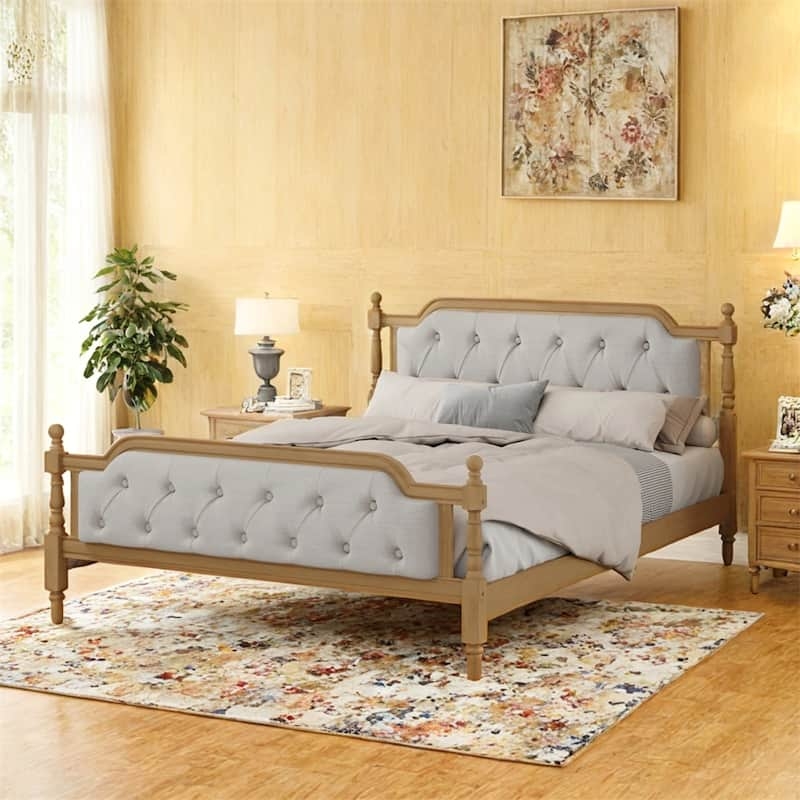 Bed Frame Turned Posts Tufted Footboard Light Gray Fabric