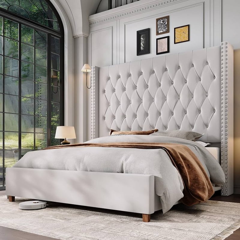 Bed Frame with Extra Tall Wingback Headboard Cream Velvet Finish