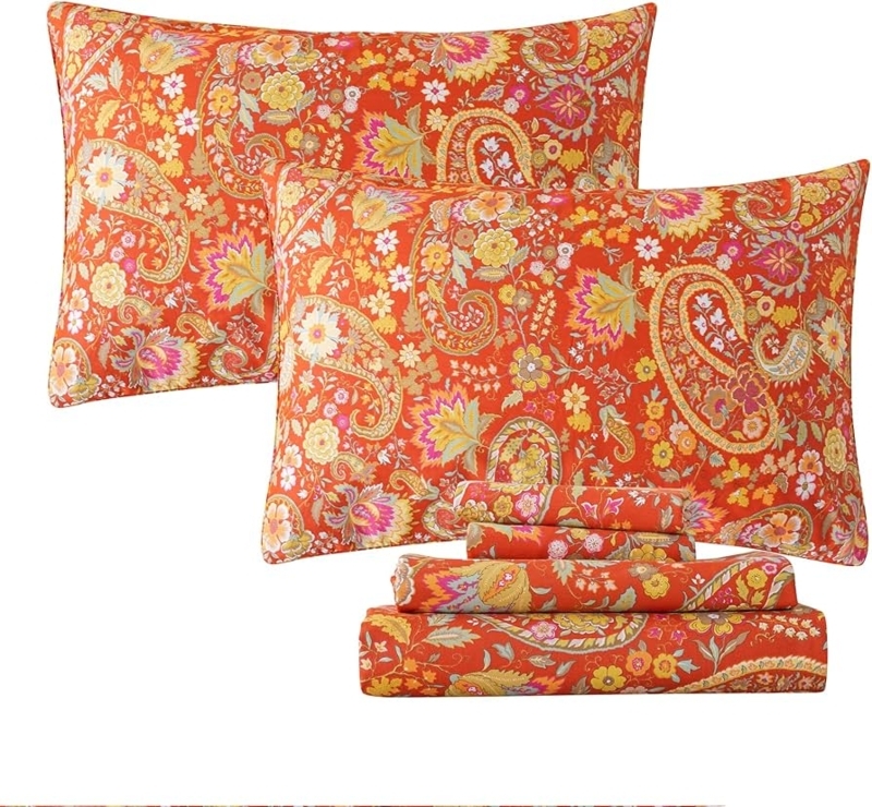 Bedding Set 7-Piece Vibrant Orange Paisley Bohemian Maximalist Sheets