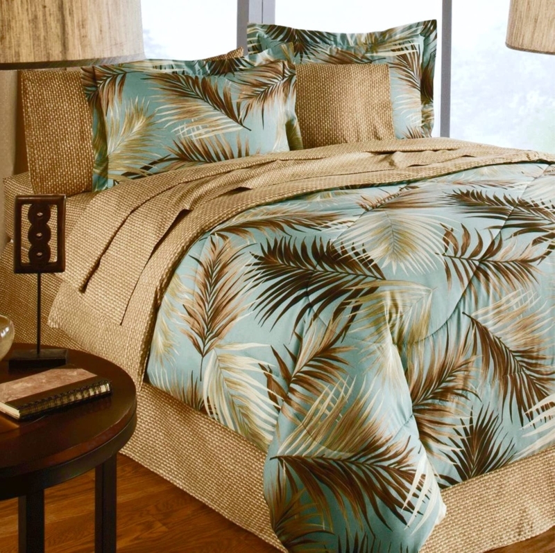 Bedding Set Aqua And Tan Comforter Woven Texture Accents Palm Leaf
