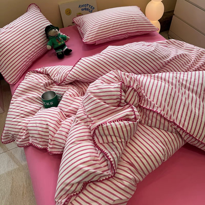 Bedding Set: Hot Pink Candy Stripes, Scalloped Trim, Maximalist
