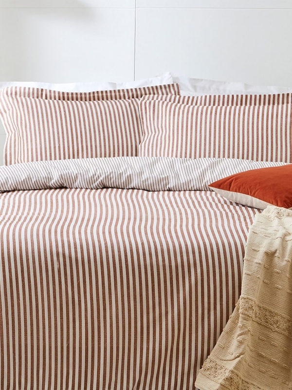 Bedding Set: Pecan Brown Pinstripes, Flange Edge Pillowcases