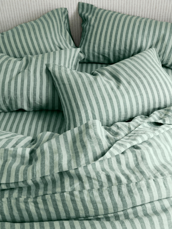 Bedding Set: Pine Green Pinstripe Linen, Textured Matte Finish