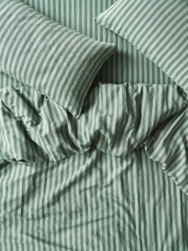 Bedding Set: Pine Green Ticking Stripe, Textured Linen Crinkled