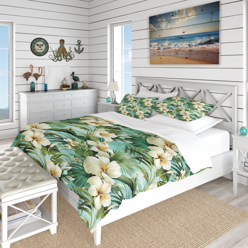 Bedding Set Seafoam Tropical Print Hibiscus Pattern Coastal Cottage