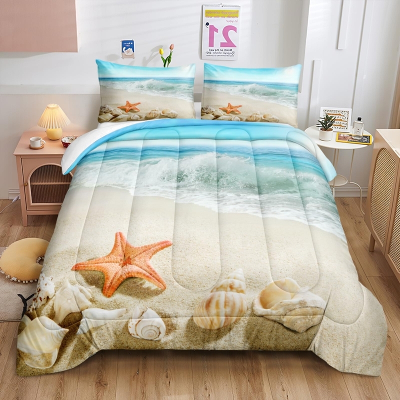 Bedding Set Turquoise Ocean Landscape Print Channel Quilting