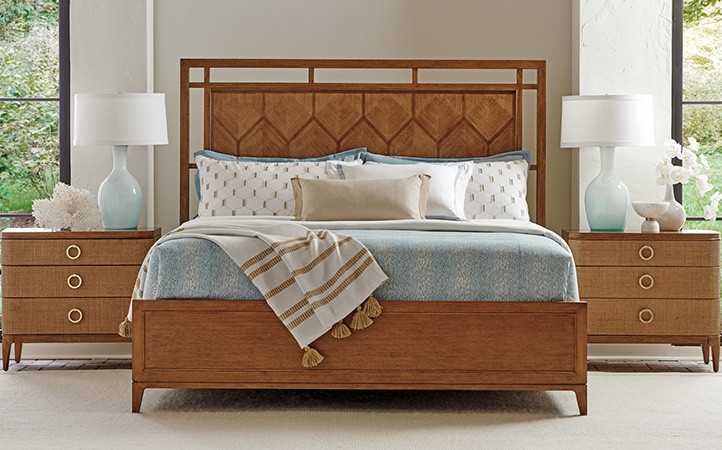 Bedroom Furniture Set: Geometric Marquetry Headboard, Textured Drawers