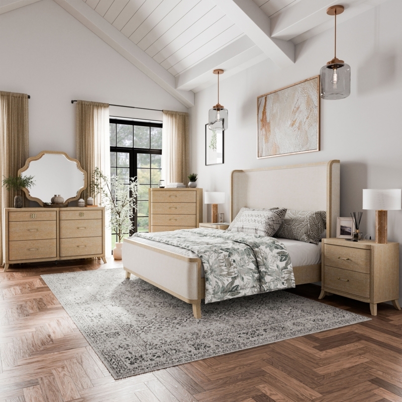 Bedroom Furniture Set Natural Oak Fabric Panel Inlays Wingback