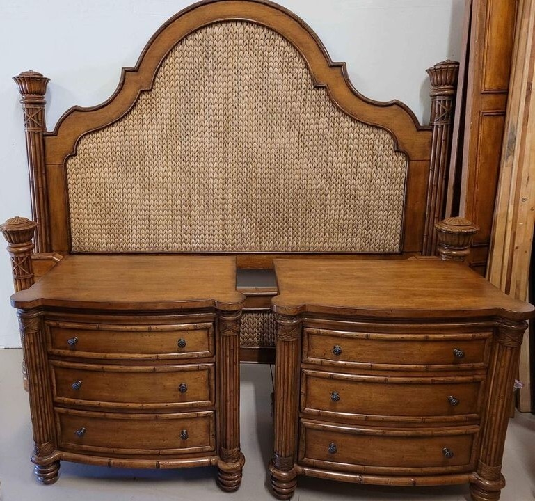 Bedroom Furniture Set: Woven Headboard Panel, Bamboo Style Columns
