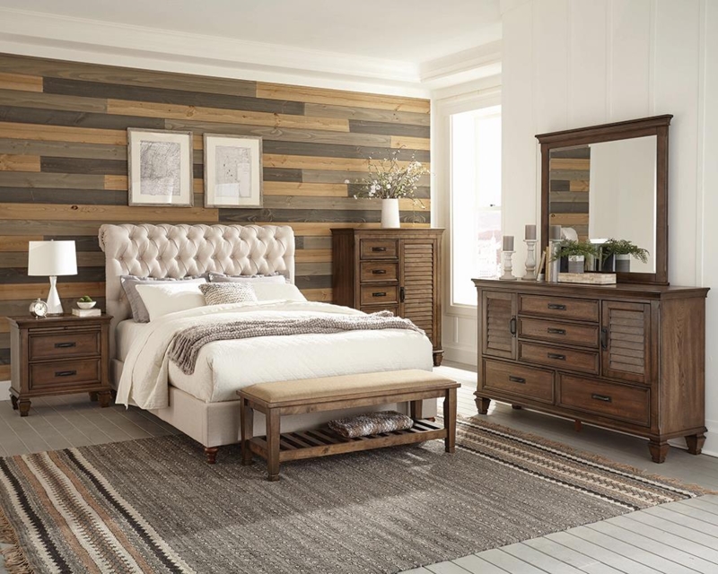 Bedroom Set Burnished Oak Diamond Tufting Shutter Door Panels