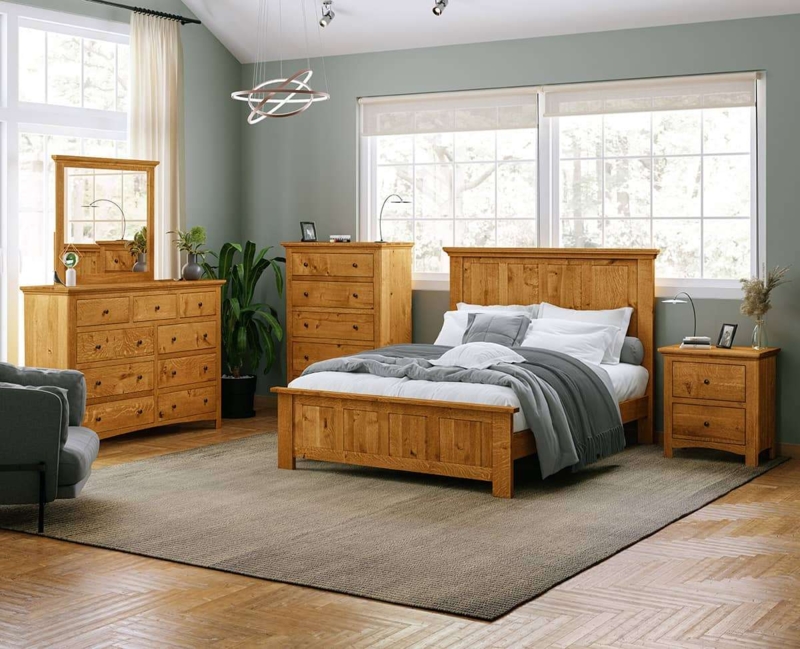 Bedroom Set Craftsman Style Honey Wood Tone Panel Detailing