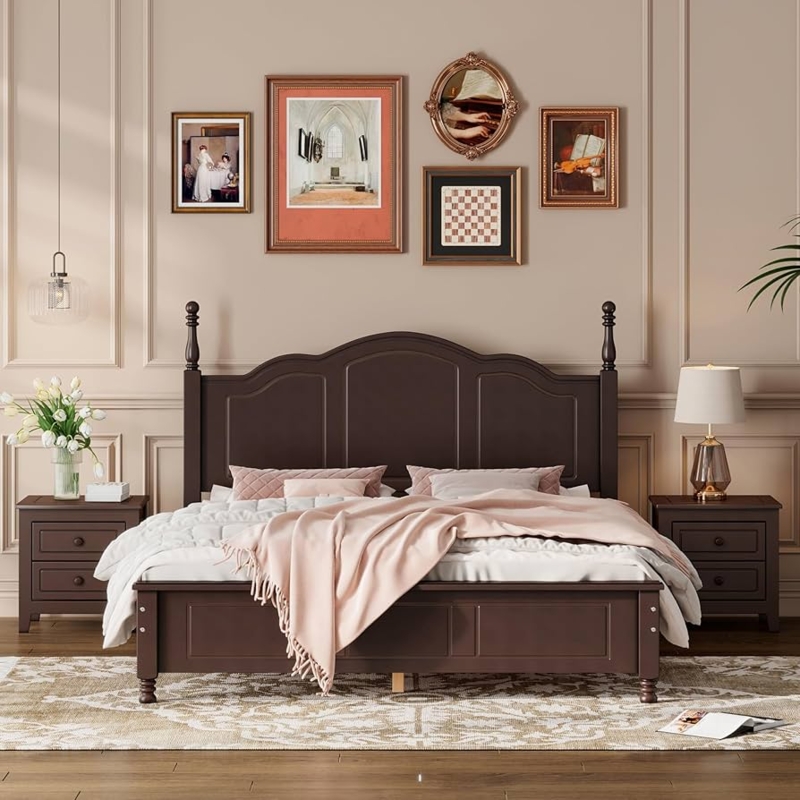 Bedroom Set Dark Walnut Arched Headboard Four Poster Traditional Classic