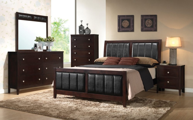 Bedroom Set Espresso Finish Black Leather-Like Channel Tufting