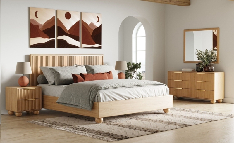 Bedroom Set Fluted Wood Details Ball Shaped Feet Organic Modern